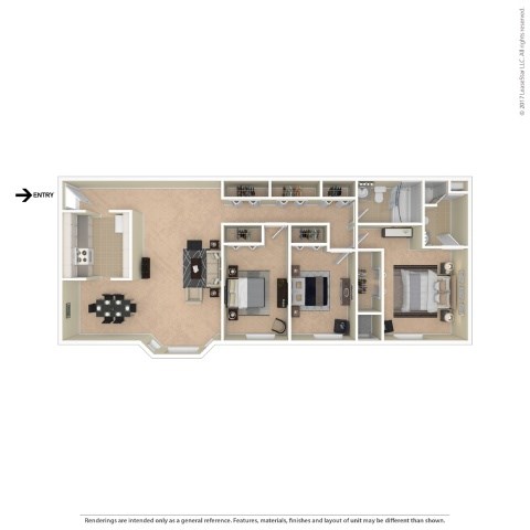 A floor plan of a house with a kitchen, living room, and two bedrooms.