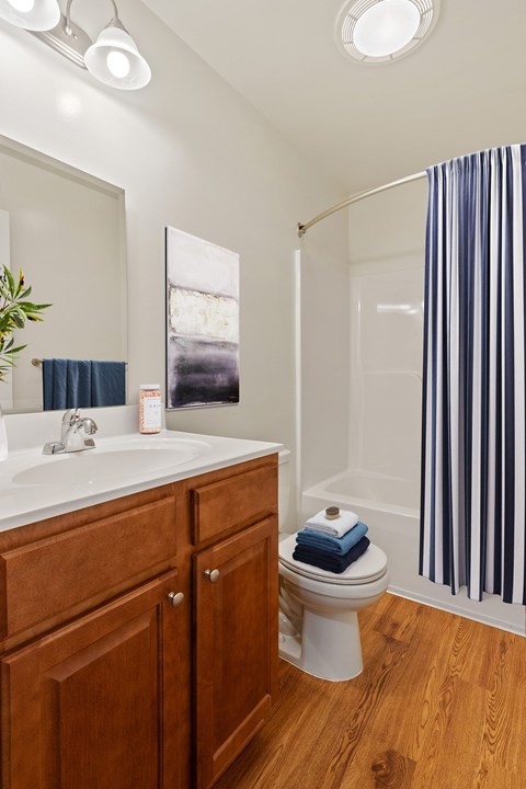 A bathroom with a toilet, sink, and striped shower curtain.