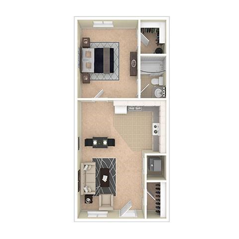 A floor plan of a small apartment with two bedrooms and a living area.