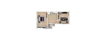 A floor plan of a small apartment with a kitchen, living room, and bathroom.