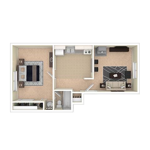 A floor plan of a small apartment with a kitchen, living room, and bathroom.