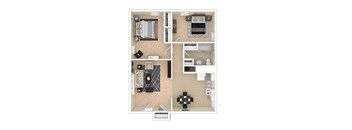 A floor plan of a two-bedroom apartment with a kitchen and living room.