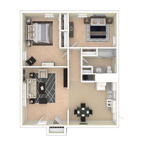 A floor plan of a two-bedroom apartment with a kitchen and living room.
