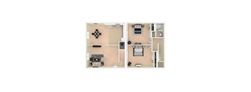 A floor plan of a two-bedroom apartment with a living room, kitchen, and bathroom.