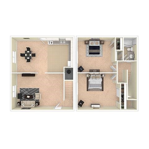 A floor plan of a two-bedroom apartment with a living room, kitchen, and bathroom.