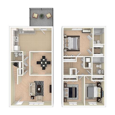 A floor plan of a two-bedroom apartment with a kitchen, living room, and bathroom.