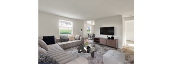 A living room with a grey couch, a coffee table, and a flat screen TV.