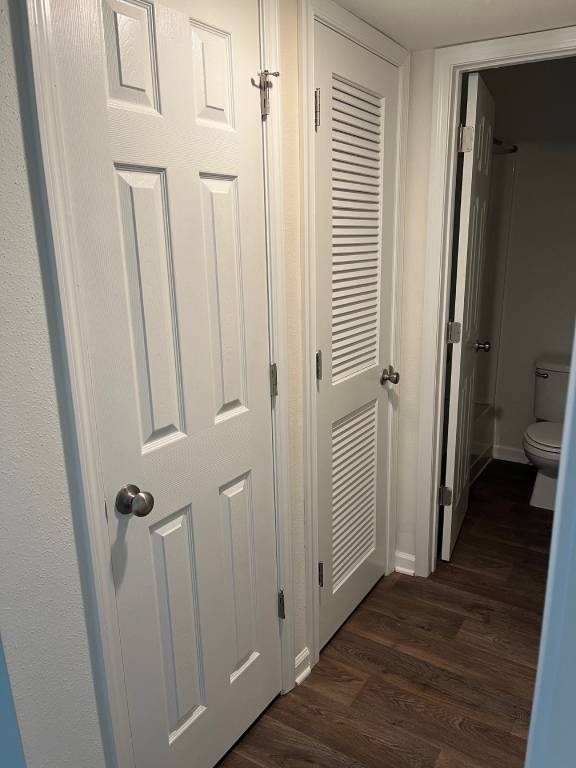 A white door with a silver handle is open.