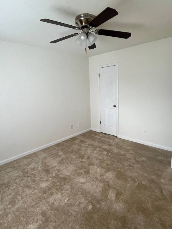 A room with a ceiling fan and carpeted floor.