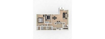 A floor plan of a small apartment with a kitchen, living room, and two bedrooms.