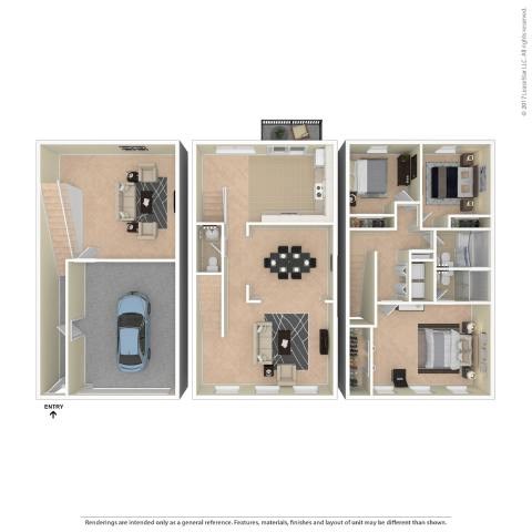 A floor plan of a house with three bedrooms, a living room, a kitchen, and a garage.