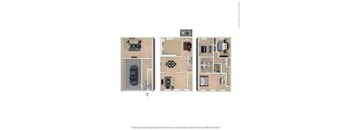 A floor plan of a small apartment with a car parked in the garage.