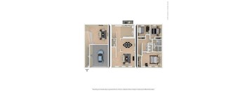 A floor plan of a house with three bedrooms, a living room, a kitchen, and a garage.