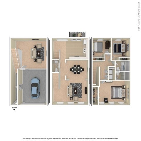 A floor plan of a house with three bedrooms, a living room, a kitchen, and a garage.
