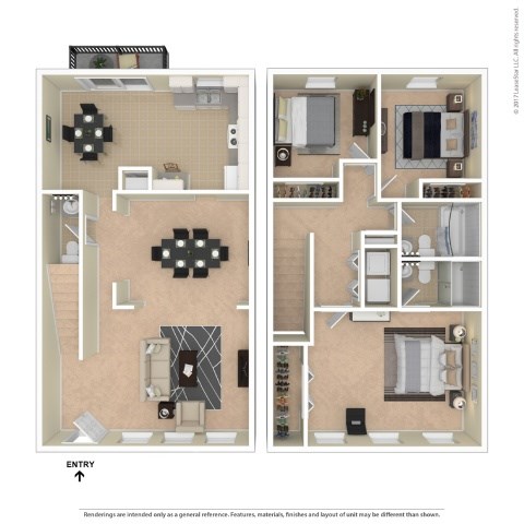 A floor plan of a house with two bedrooms, a living room, a kitchen, and a bathroom.