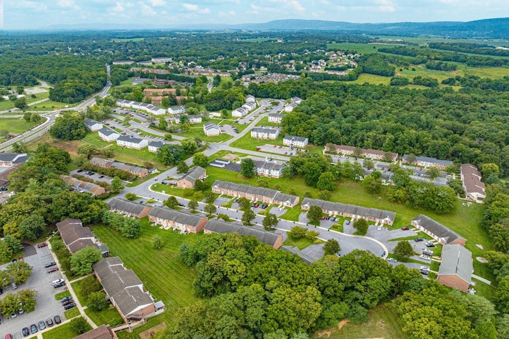 A bird's eye view of a residential area with houses and greenery.
