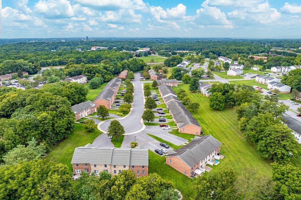 A bird's eye view of a residential area with houses and greenery.