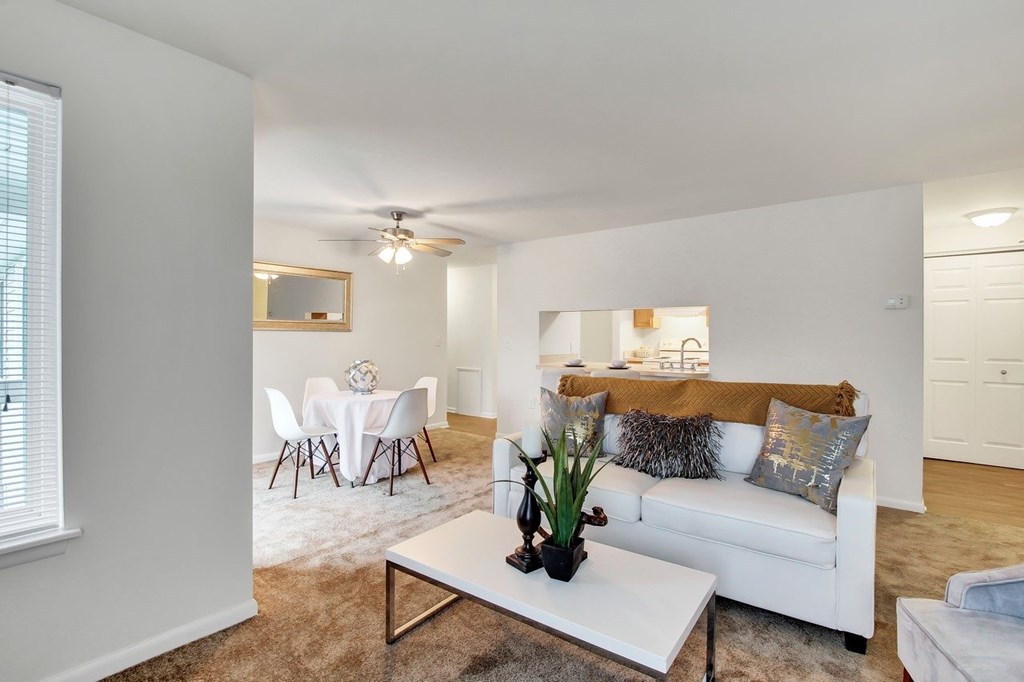 A white living room with a couch, coffee table, and dining table.