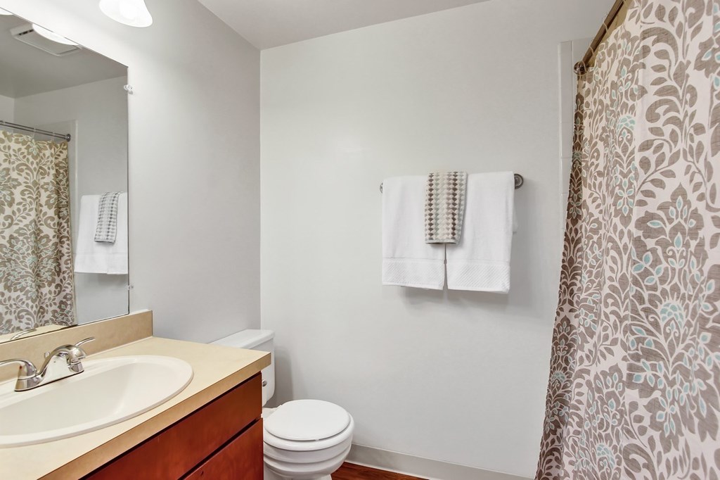 A bathroom with a toilet, sink, and shower curtain.