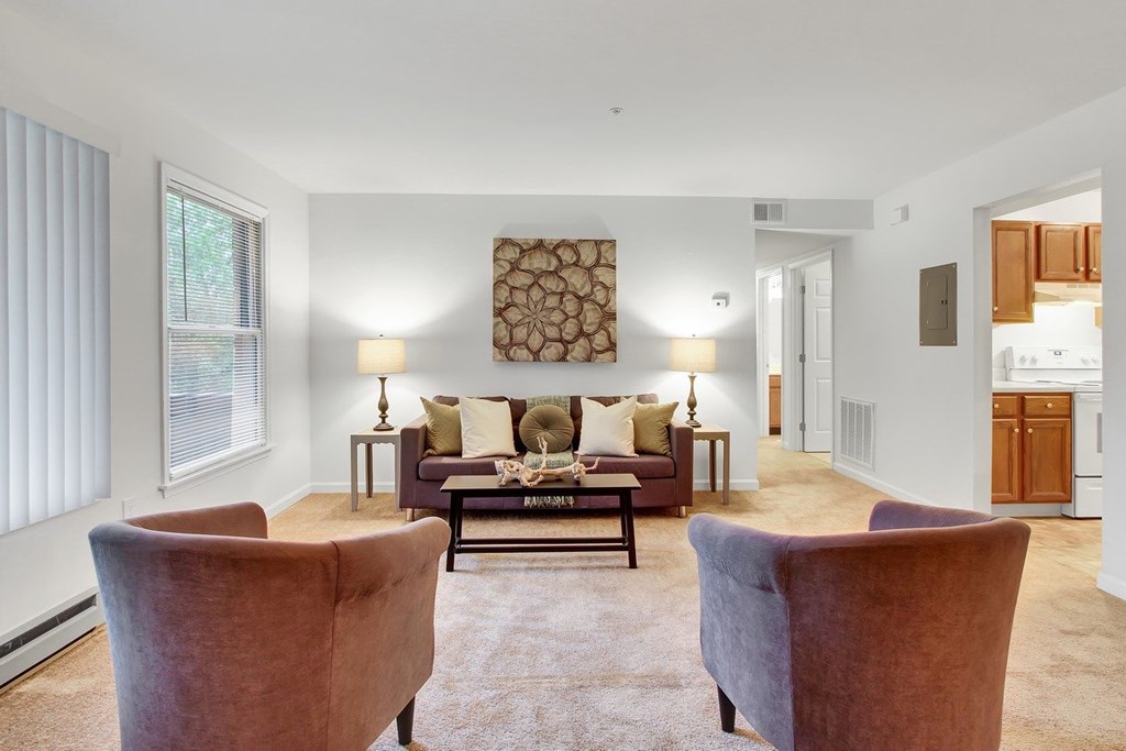A living room with a couch, two chairs, and a rug.