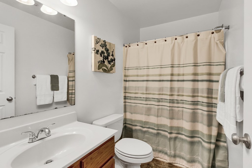 A bathroom with a toilet, sink, and shower curtain.