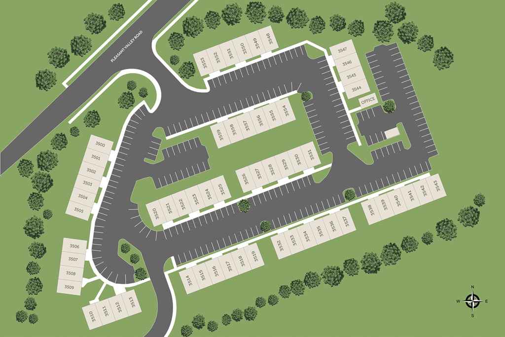 A map of a parking lot with various parking spaces and trees.