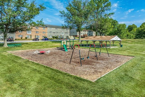 A playground with swings and a slide in the middle of a grassy area.