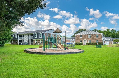 A playground with a slide and a green lawn.