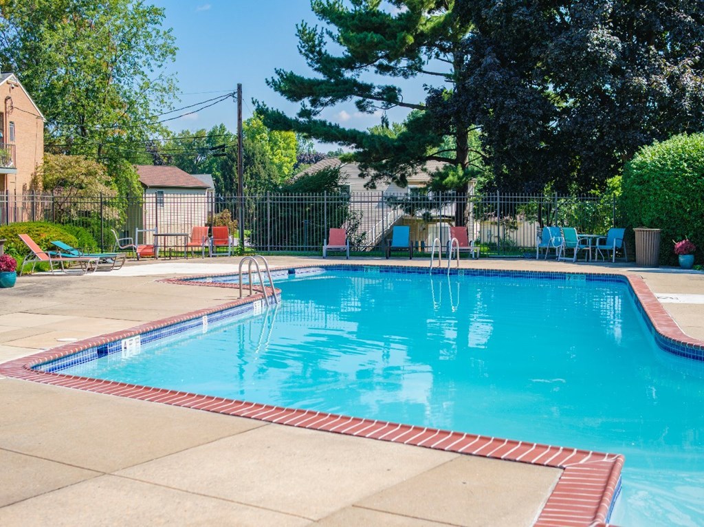 A swimming pool surrounded by trees and a fence.