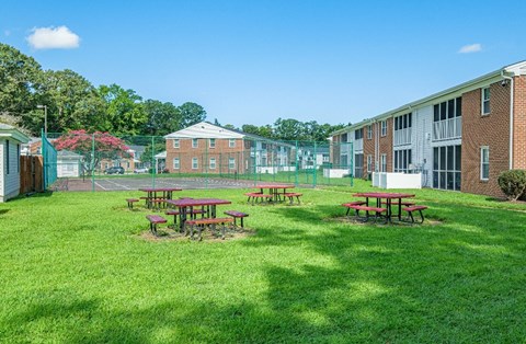 Picnic tables are set up on a green lawn.