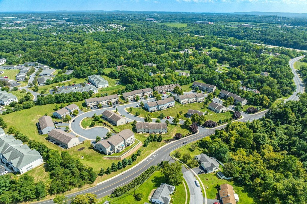 A bird's eye view of a residential area with houses and a winding road.