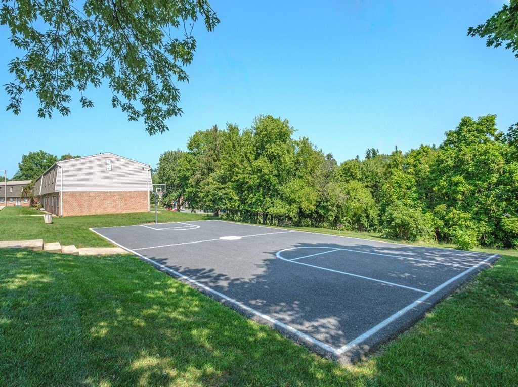 A basketball court is surrounded by green grass and trees.