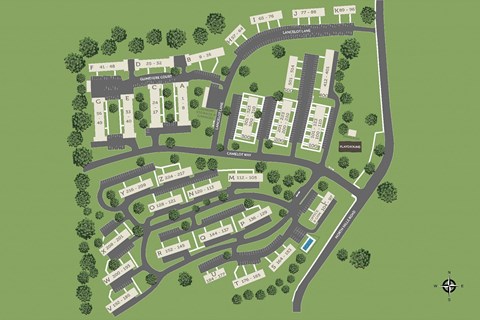 A map shows a layout of streets and blocks with a compass rose indicating direction.
