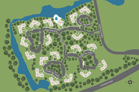 A map of a residential area with streets and house names.
