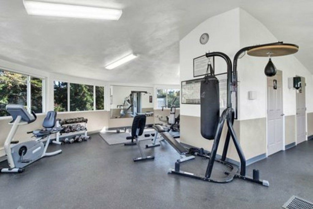A gym with a variety of equipment including a treadmill, weights, and a punching bag.