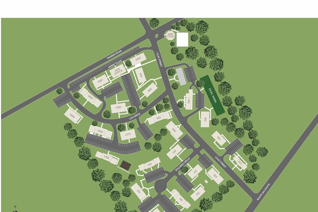 A map of a residential area with streets and house numbers.
