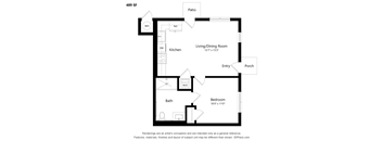 A floor plan of a 489 square foot home with a living/dining room, kitchen, bath, bedroom and porch.