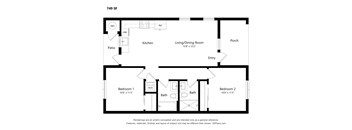 A floor plan for a home with two bedrooms, a living room, kitchen, bathrooms, and a porch.