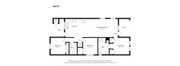 A floor plan of a 1052 SF apartment with a kitchen, living room, and three bedrooms.
