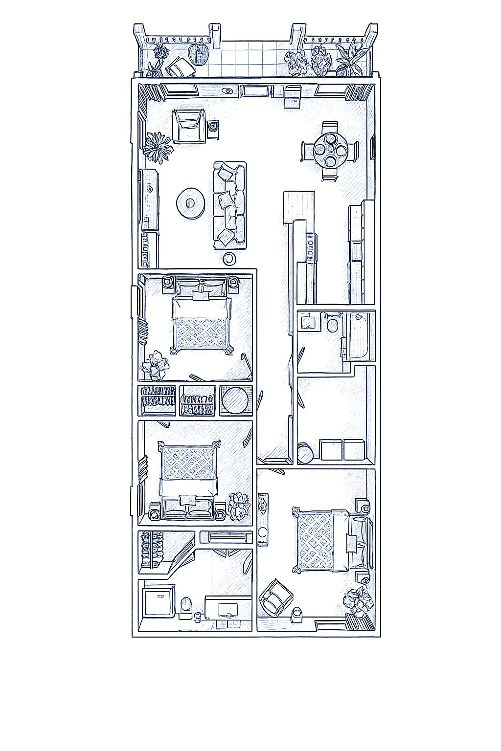 A floor plan of a house with a kitchen, living room, and two bedrooms.