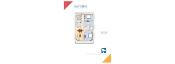 A floor plan for a condo unit at Bay Cove shows a kitchen, living room, and bathroom.