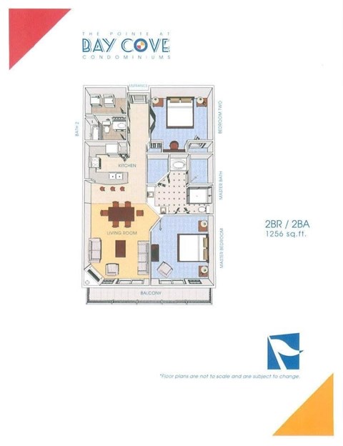 A floor plan for a condo unit at Bay Cove shows a kitchen, living room, and bathroom.