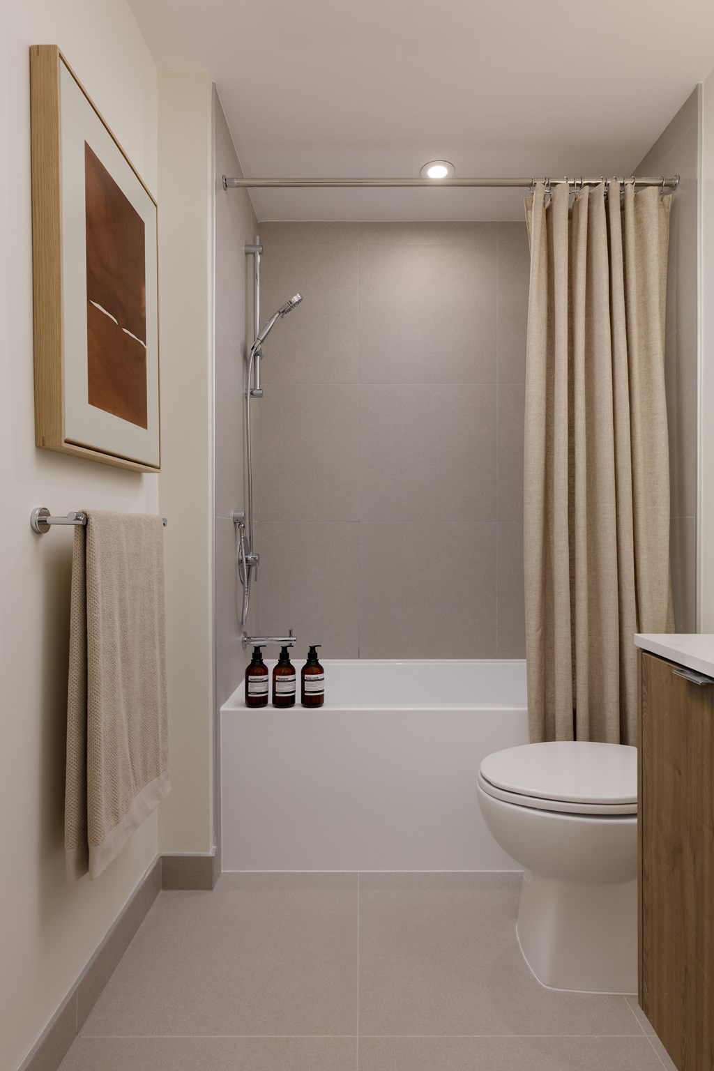 A white toilet sits next to a bathtub in a bathroom.