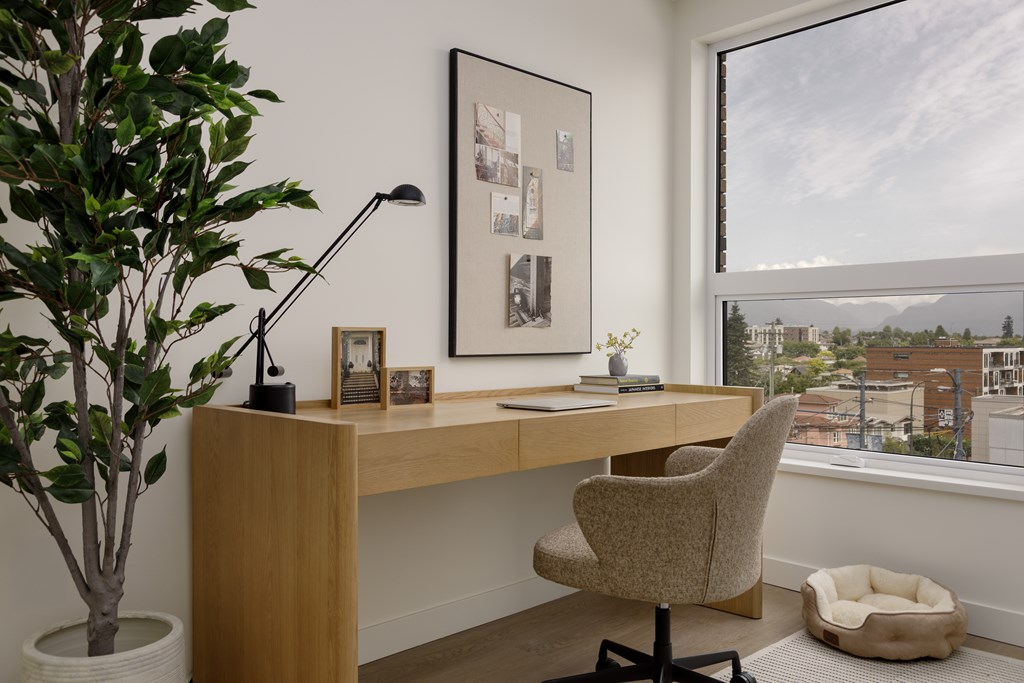 A room with a desk, chair, and a potted plant.