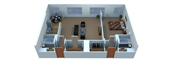 A 3D floorplan of a 1 bedroom 2 bathroom apartment.