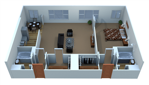 A 3D floorplan of a 1 bedroom 2 bathroom apartment.