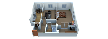 A 3D floorplan of a 1 bedroom 1 bathroom apartment.