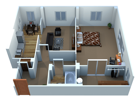 A 3D floorplan of a 1 bedroom 1 bathroom apartment.