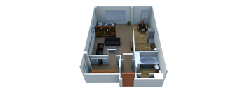 A 3D floorplan of a studio apartment with 1 bathroom.