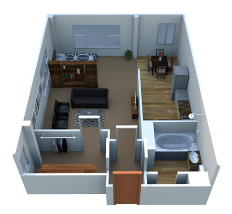 A 3D floorplan of a studio apartment with 1 bathroom.